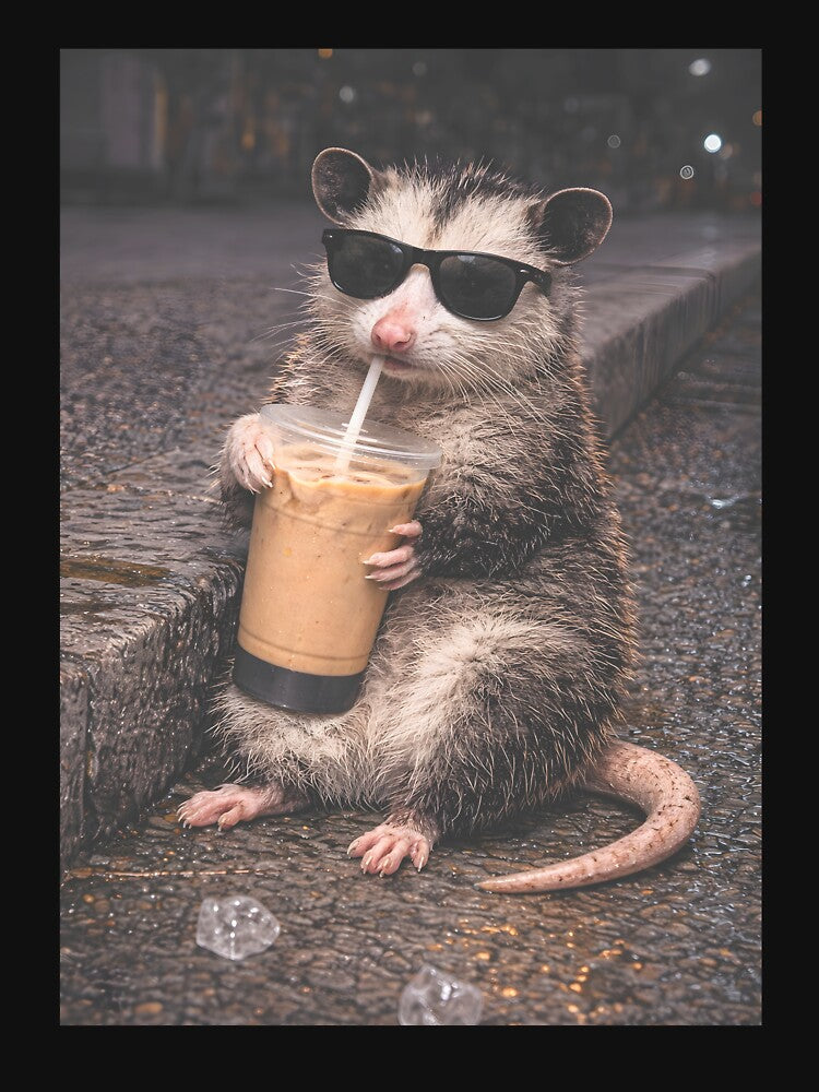 Opossum Drinking Iced Coffee by JODYSMORGAN