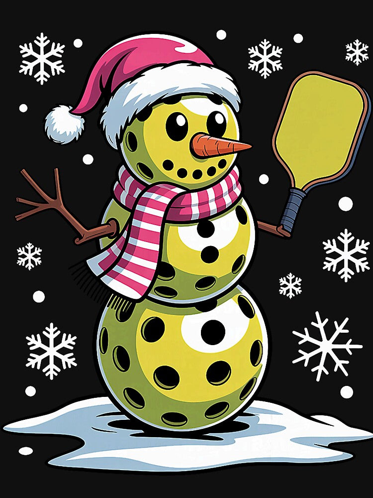 Snowman With Santa Hat Holding Pickleball Paddle by barrycantre11