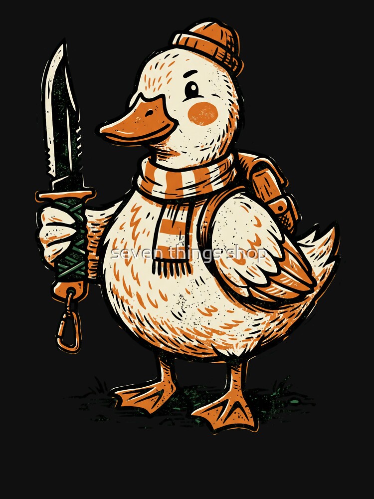 Funny Duck Holding Knife Camping Adventurer Linocut Vector by seven things shop