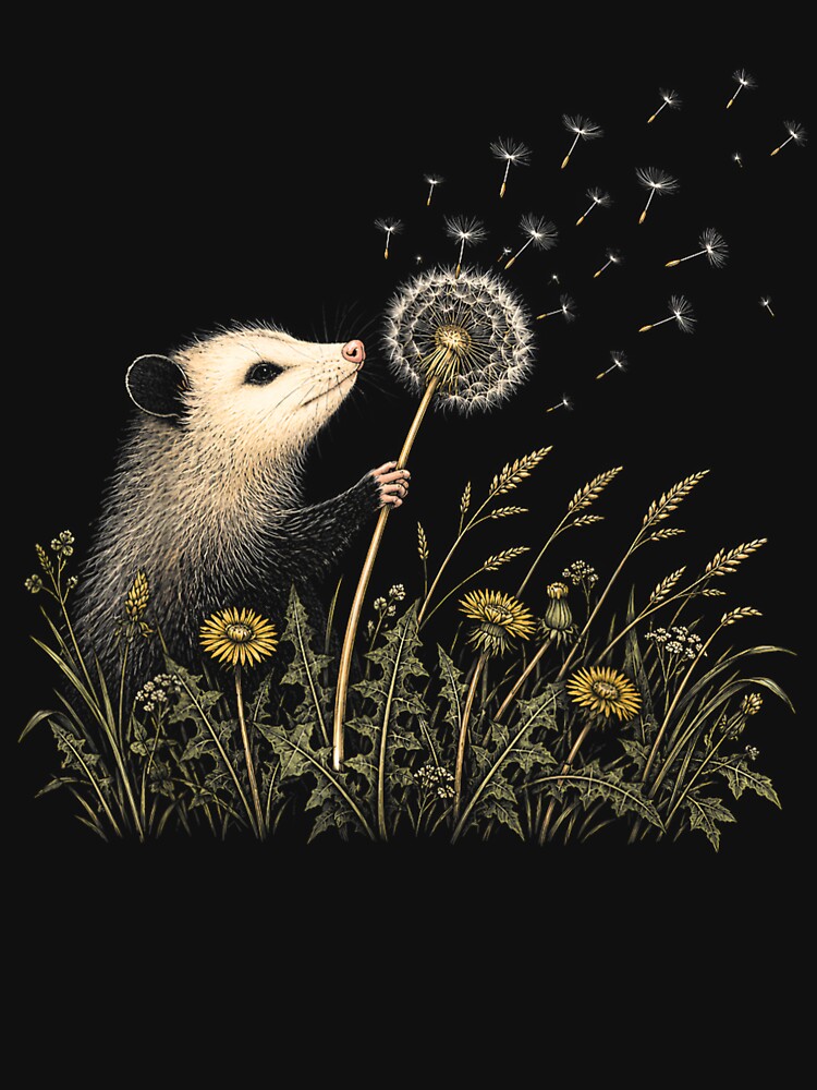 Opossum Making A Dandelion Floral Wildflower Wish Vintage by OMITTEROMINOUS