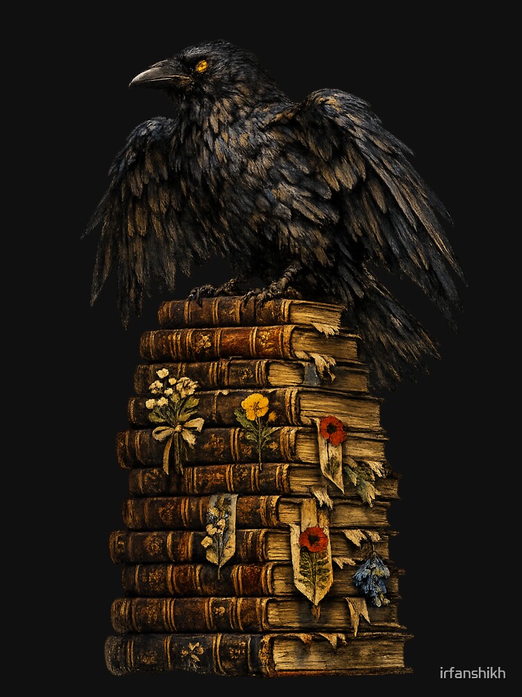 Dark Academia Raven and Books – Gothic Natural History Moody Vintage Art | Raven Lover Dark Gift by irfanshikh