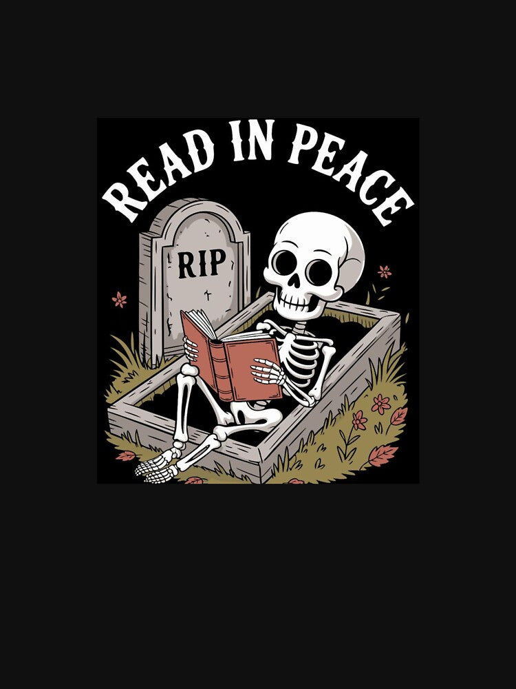 Read In Peace Skeleton Graphic - Funny Book Lover Skeleton Reading in Coffin Vector by GrimNest