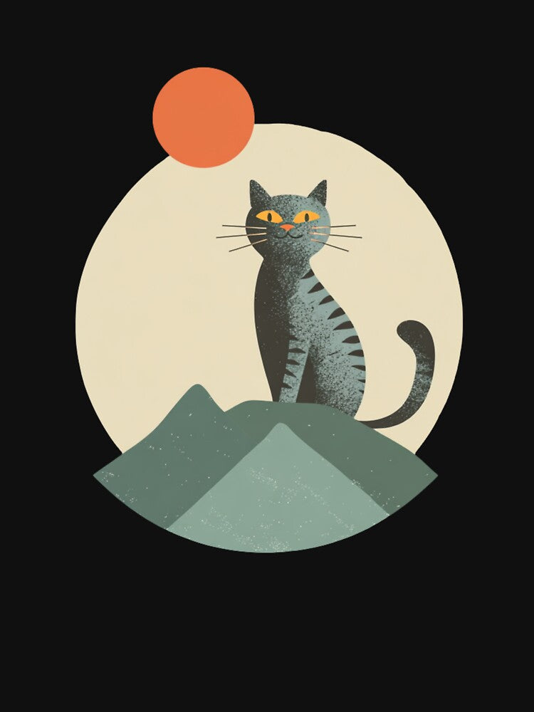 Minimal Cat Art – Black Cat with Sun – Modern Vintage Poster Tee by PurfectAttitude