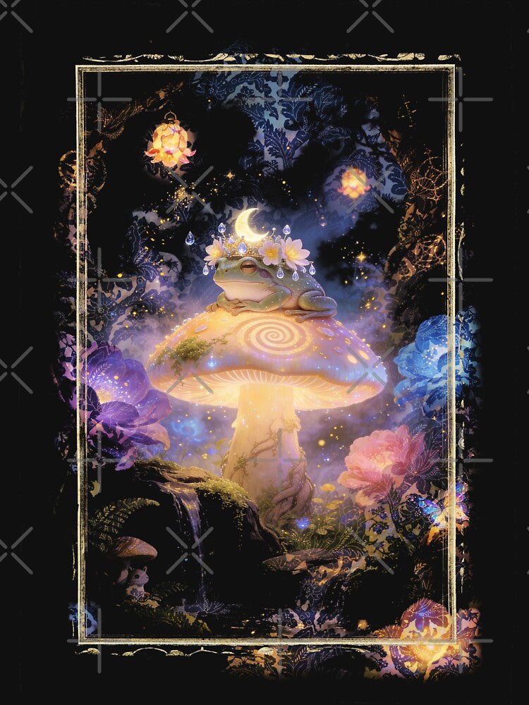 Frog On Mushroom Cottagecore Goblincore Magical Crown Moon Enchanted Forest Whimsical Art by TOTO GUYANA