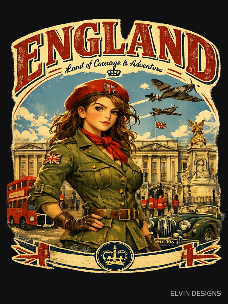 England Vintage Travel Poster | Retro London Buckingham Palace Fighter T-Shirt Design by ELVIN DESIGNS