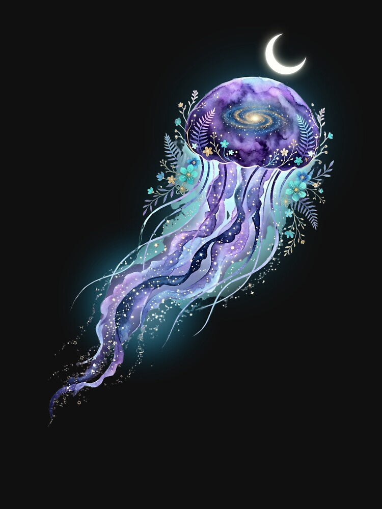 Celestial Jellyfish Galaxy Moon – Cosmic Ocean Aesthetic Watercolor Art by MoonSoul Studio