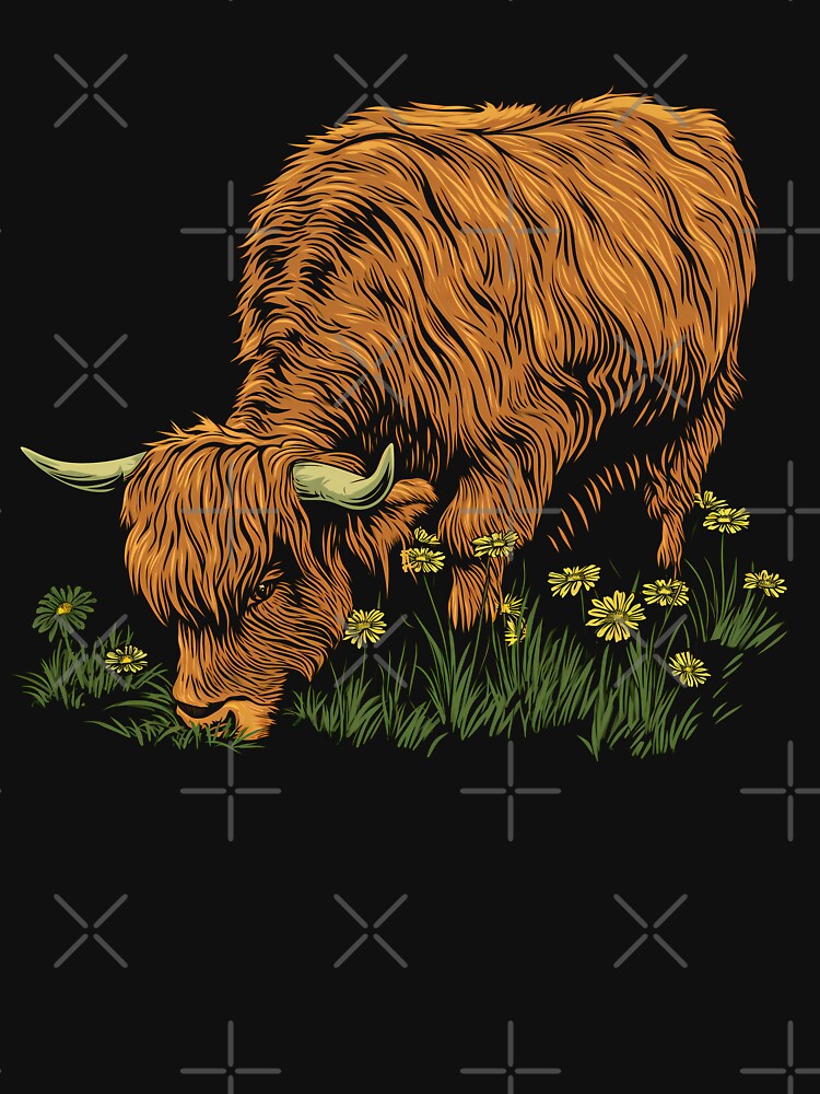 Scottish or irish fluffy  highland cattle cow animal grazing grass illustration by NBSStore