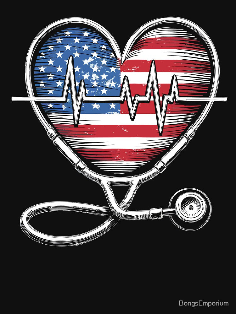 US Flag Stethoscope Patriotic Nurse Heart Medical Workers by BongsEmporium