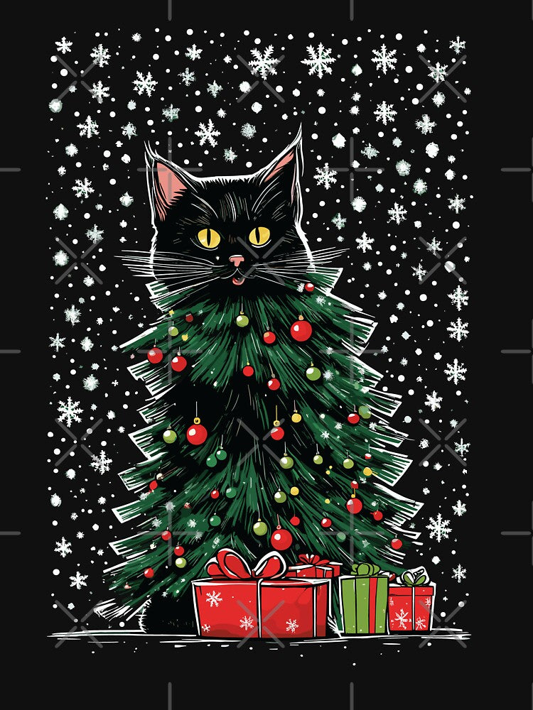 funny black cat pushing christmas tree by Batiz