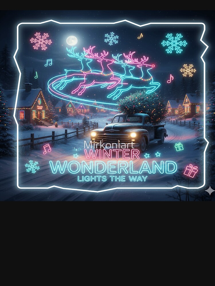 Winter Wonderland Neon Christmas Scene – Vintage Truck & Reindeer Lights Art by Mirkoniart