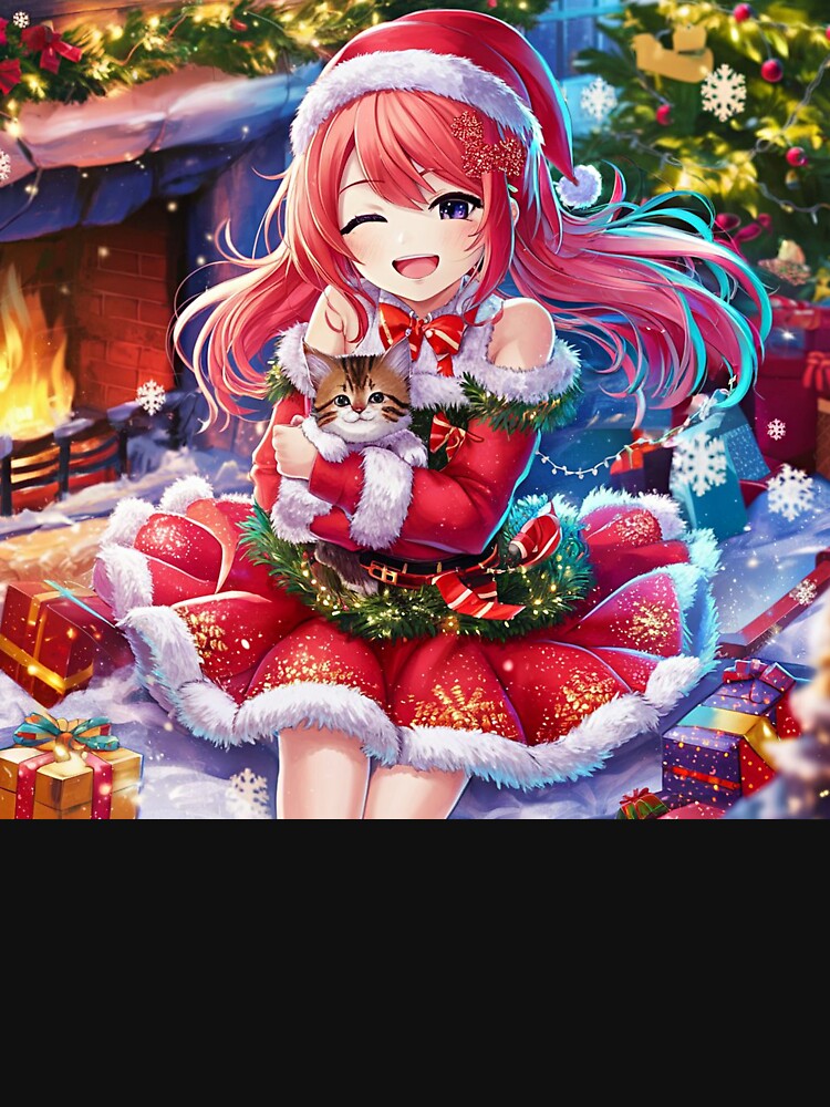 Pink Christmas | Anime Girl With Calm Kitten by PinkGoddessLove