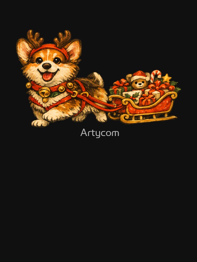Corgi Reindeer Sleigh Retro 1950s Cozy Christmas Gift by Artycom