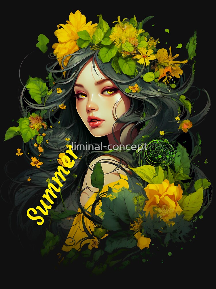 Summer Woman Abstract Art With Summer Green Leaves and Yellow Flowers by liminal-concept