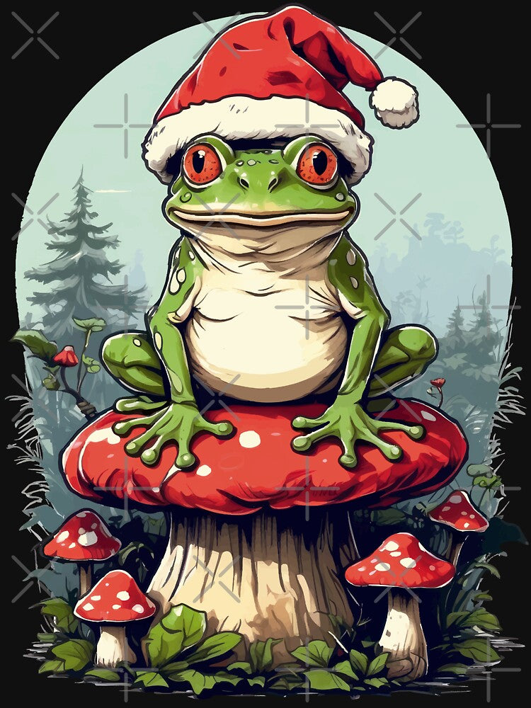 funny Frog on Toadstool with Santa Hat - Funny Christmas Design by DrawHandArt