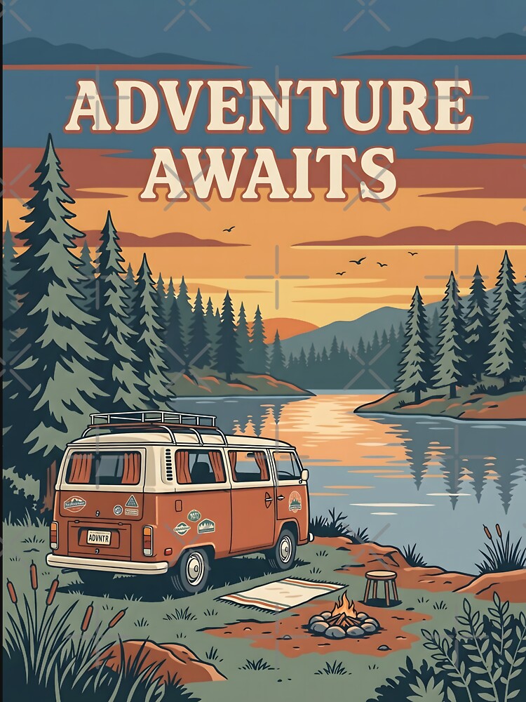 Adventure Awaits Vintage Camper Van Retro Sunset Landscape. by MyHappyArtShop