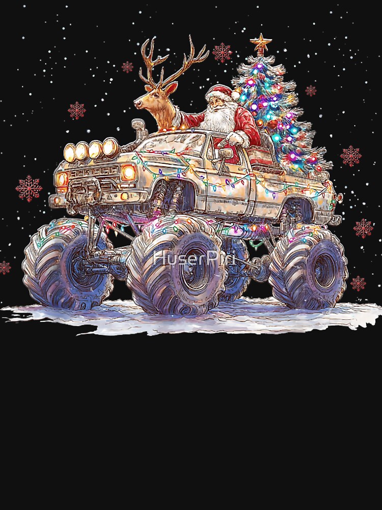Santa Claus Driving Monster Truck With Reindeer And Decorated Christmas Tree by HuserPiri