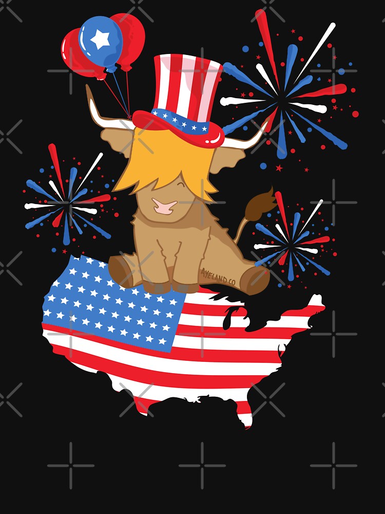 Scottish highland cow 4th of july independence celebration fireworks with USA map by Ayelandco