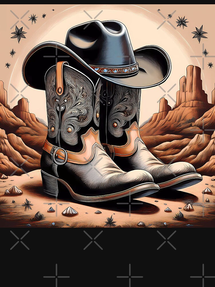 Western aesthetic with cowboy boots in western sunset graphic design print by Clara Fruggeri