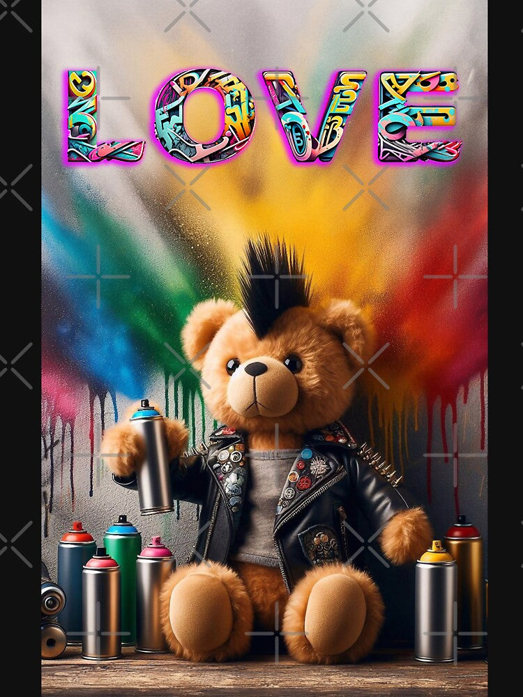 Love Punk Bear Graffiti - Edgy Streetwear Teddy T-Shirt by FotoLibreStudio