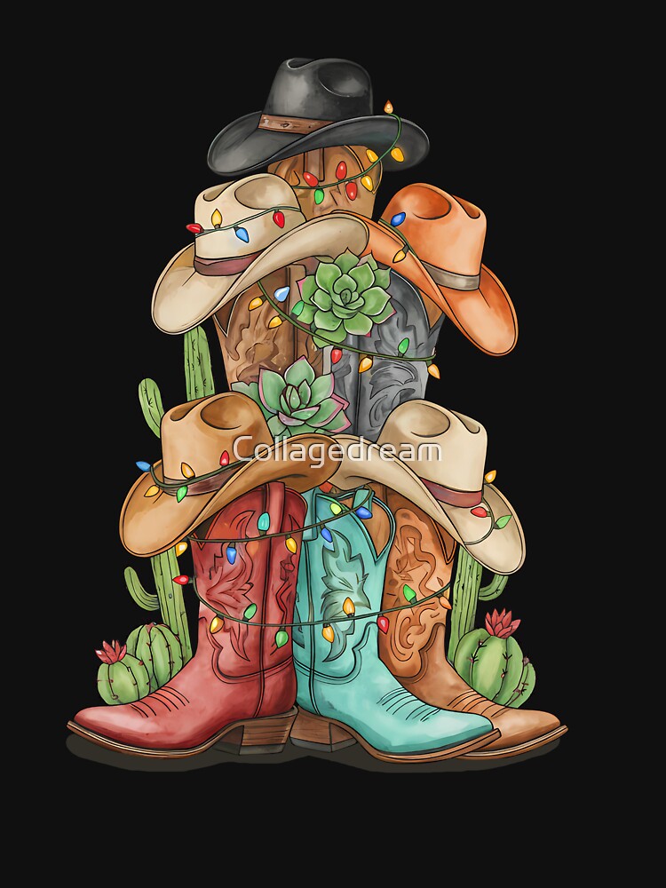 Christmas tree with cowgirl boots, Desert Merry, hawthorn and pine branches and cactus, western style, country,horseback, riding, horse owner, farmer, western by Collagedream