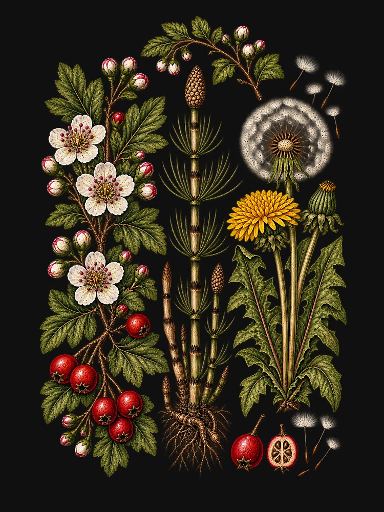 Vintage Hawthorn, Horsetail and Dandelion Botanical Art by Anyshca