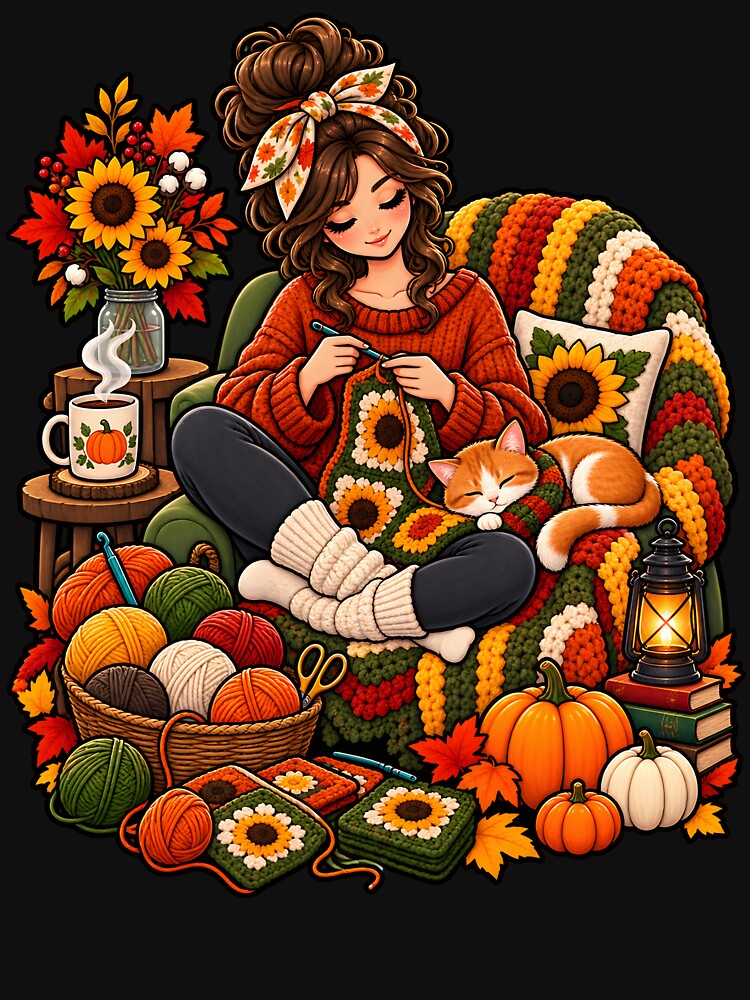 Cozy Autumn Crochet Girl Pumpkin Cat Fall Knitting by Tbenghali