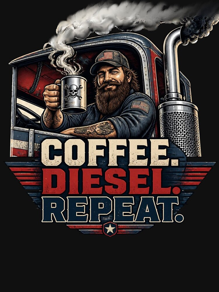 Funny Trucker Gift Coffee Diesel Repeat Semi Truck Driver Trucking Design by thoughtswear
