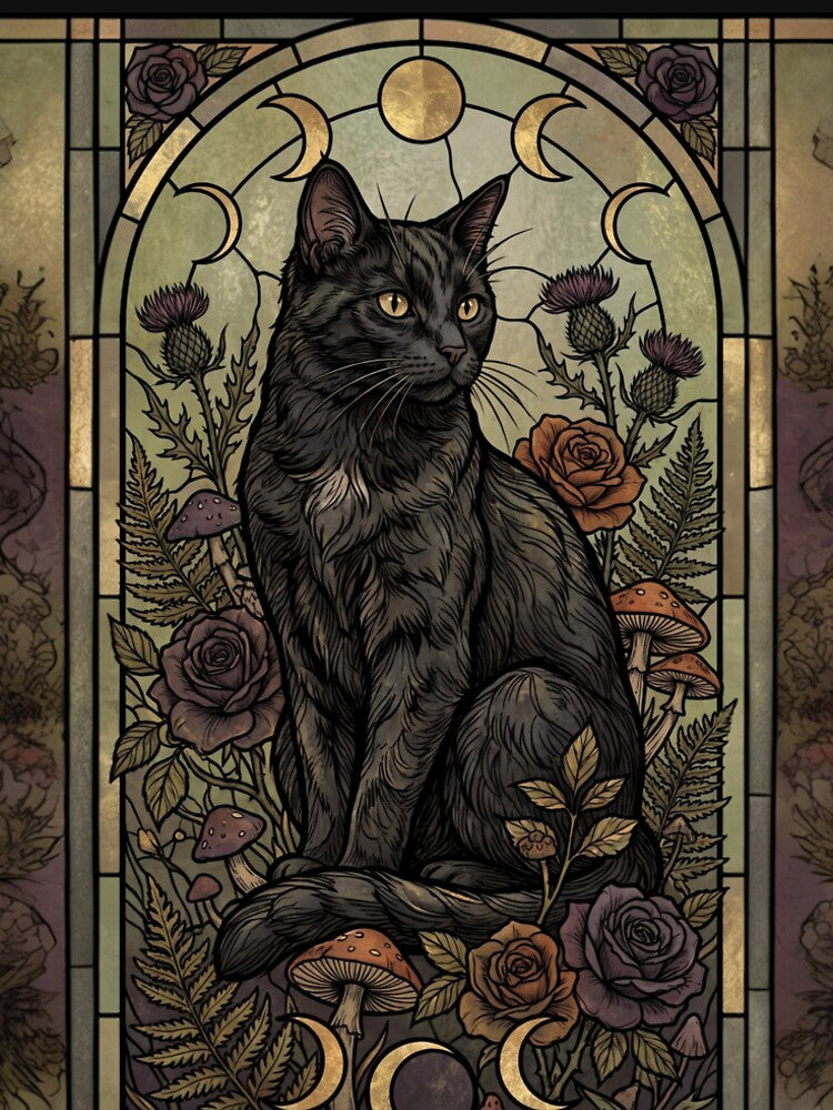 Gothic Cottagecore Black Cat Botanical Wildflower Moon Art by Eidos [][][] ~εἶδος~