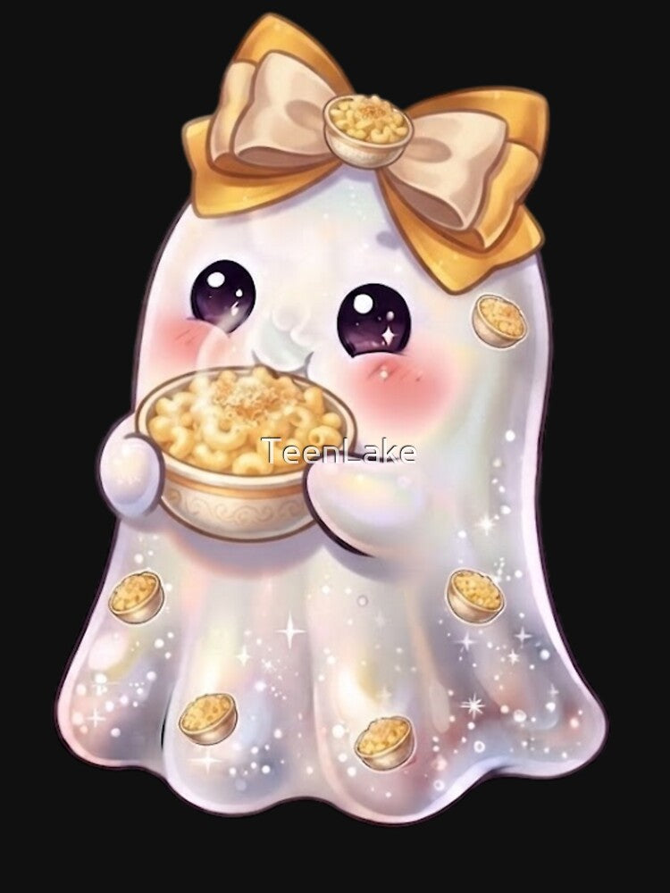Cute Kawaii Ghost Eating a Mac & Cheese Design / Cheesy Lovers / Funny Tops / Halloween / Foodie T-shirts mugs stickers phone case journal poster / Journaling by TeenLake