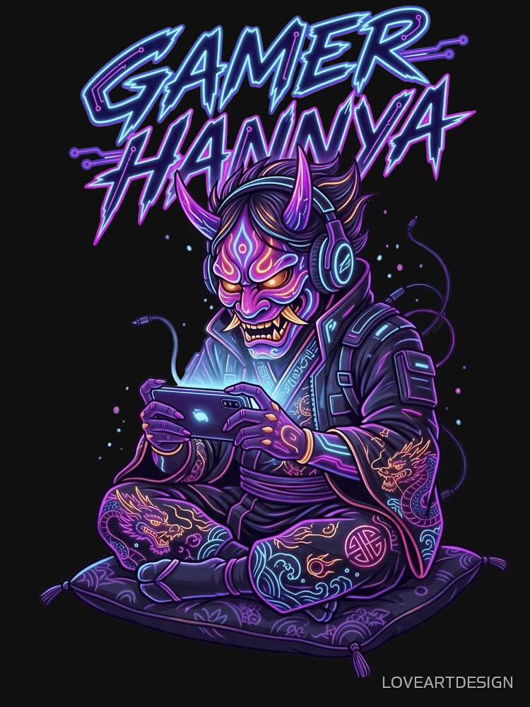 Gamer Hannya Oni Demon Gaming Japanese Neon Cyberpunk by LOVEARTDESIGN
