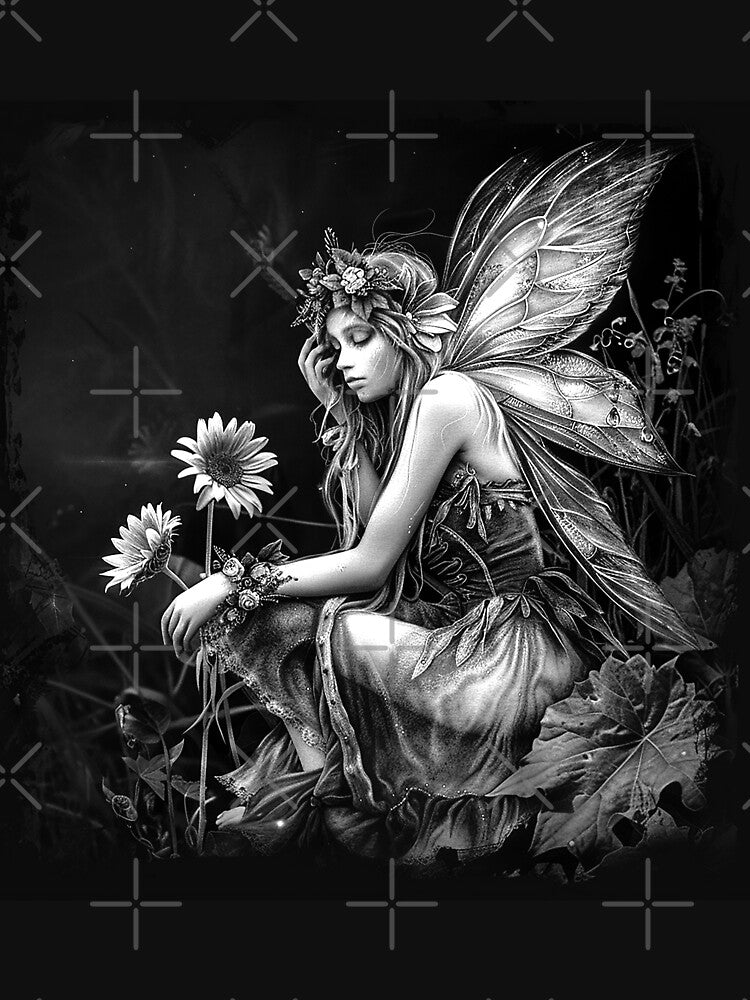 Melancholy Flower Fairy – Black and White Enchanted Garden Art by inkoutninja