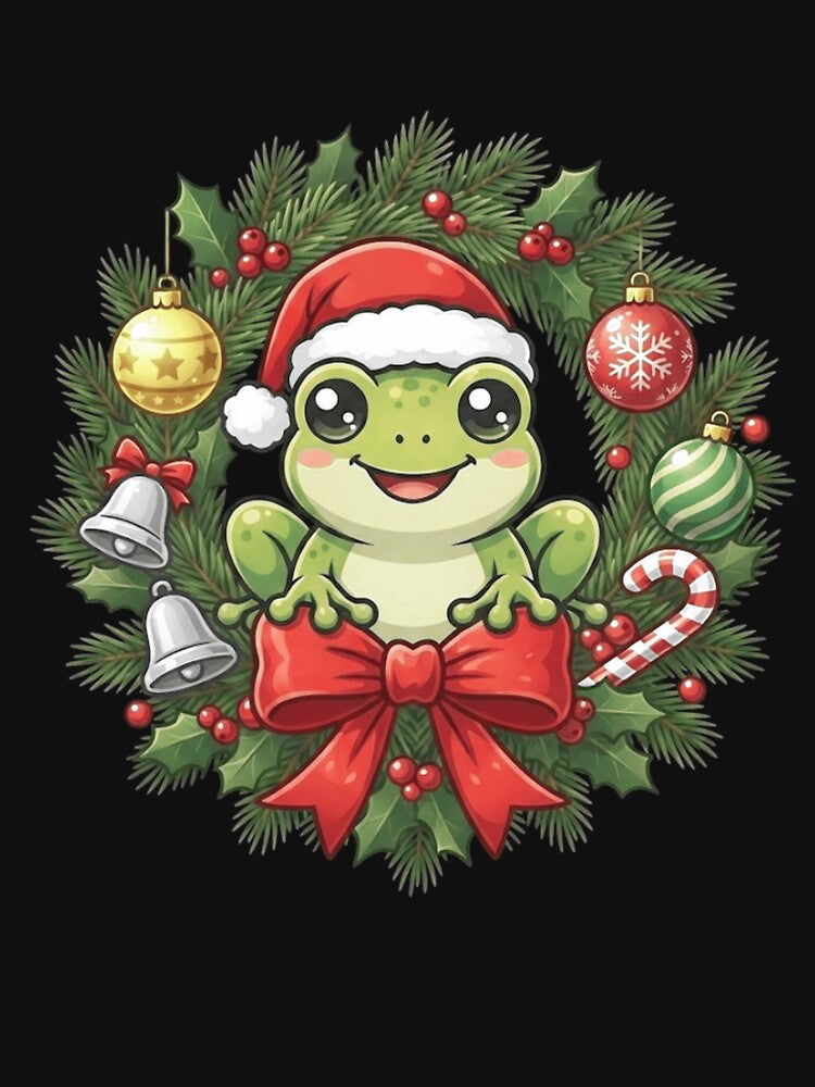 Cute Christmas Frog in Festive Evergreen Holiday Wreath by MiALopezArt