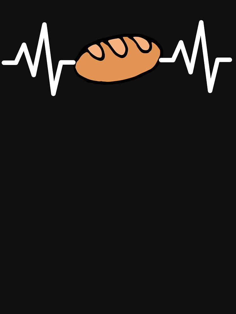 Heartbeat sourdough bread themed design with an image of crusty bread and a heartbeat on a black T-shirt, sticker, and apron. by smichaeliv