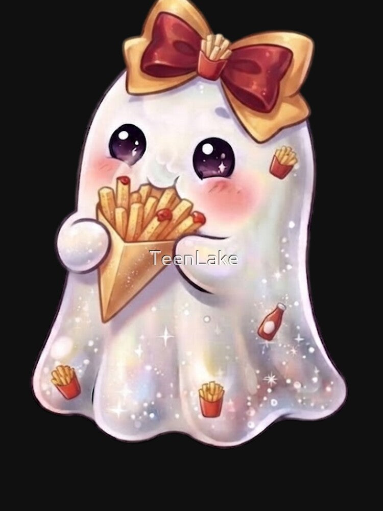 Cute Kawaii Ghost Eating a French-fries Design / Potato Chips / Halloween Costume / Foodie / T-shirts mugs stickers phone case hardcover journal poster by TeenLake