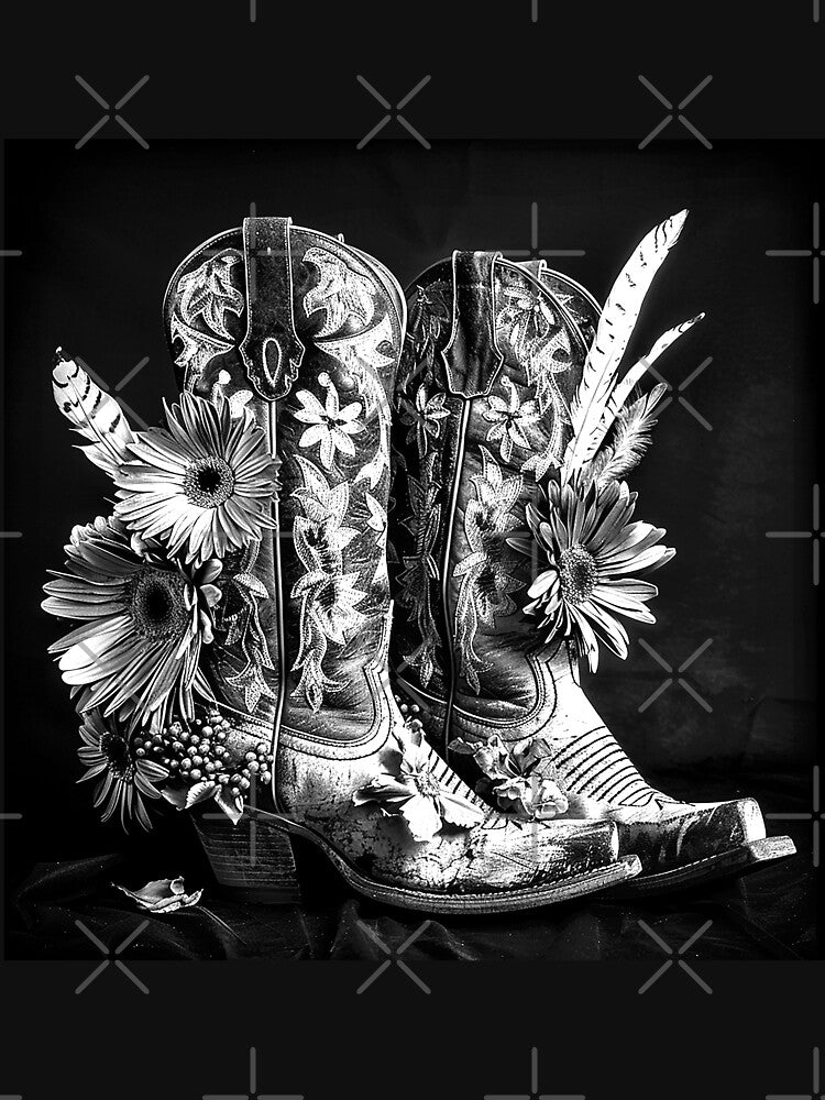 Floral Cowboy Boots with Feathers – Black and White Western Art by inkoutninja