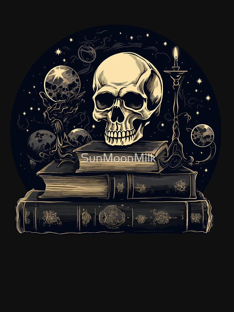 Dark academia skull and books by SunMoonMilk