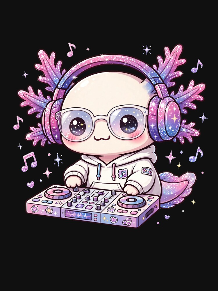 DJ Axolotl - Kawaii Glitter Axolotl with Headphones Mixing Music - Cute Music Lover by PrettyCrypt