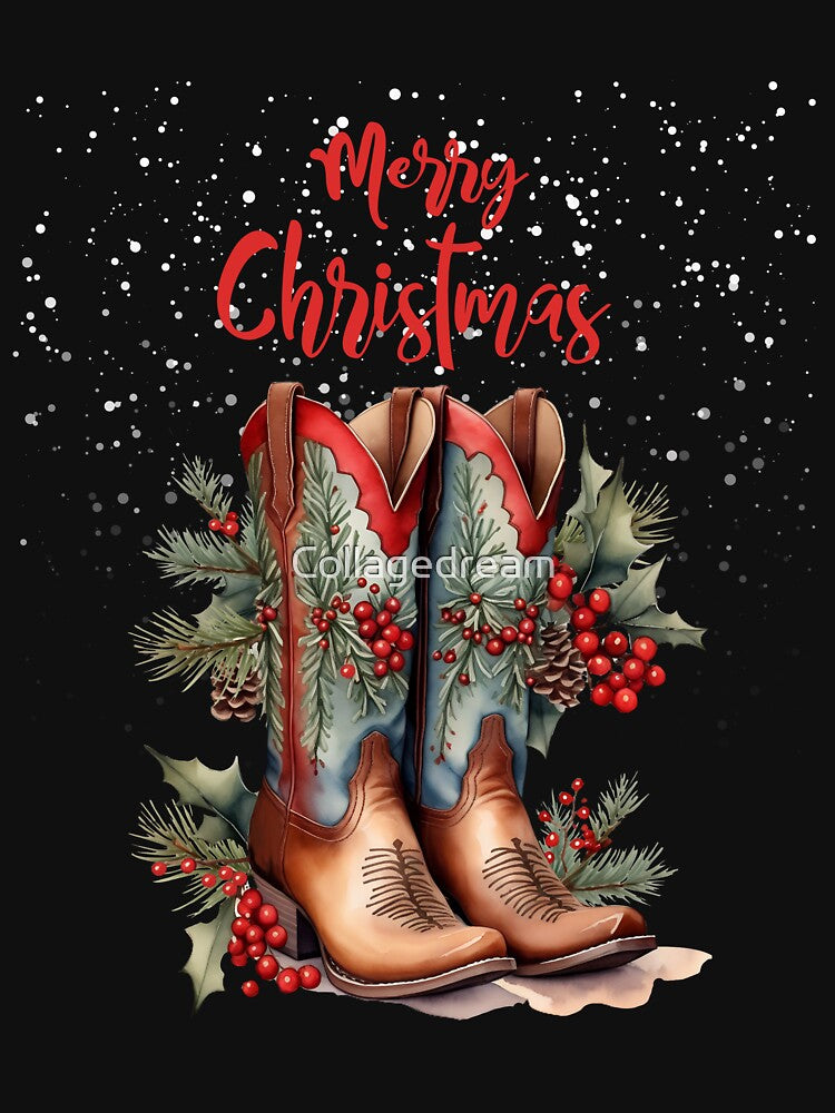 Merry Christmas, Christmas gifts and cowgirl boots, mistletoe branches, hawthorn and pine branches, horseback, riding, horse owner, farmer, western by Collagedream