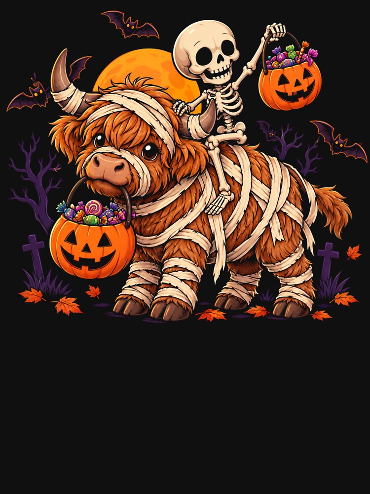 Skeleton Riding Mummy Highland Cow Halloween Trick Or Treat Pumpkin Candy by Artbyrome