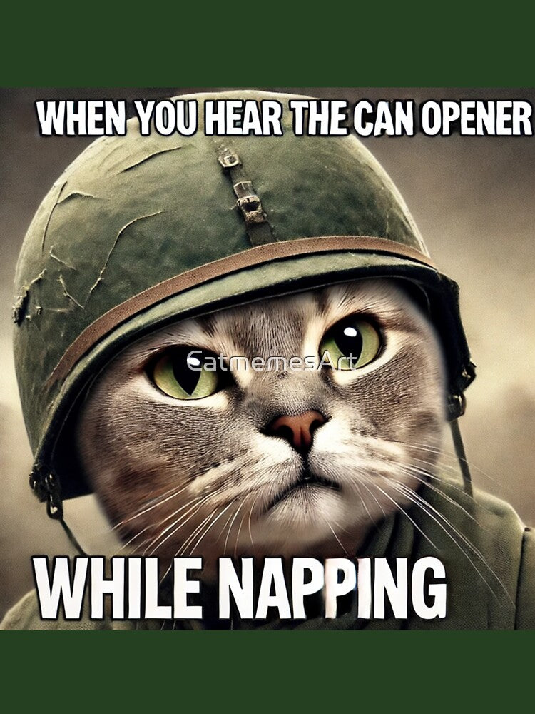 War Cat Meme - When you hear the can opener while napping by CatmemesArt