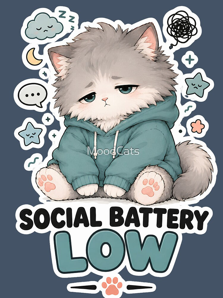 Social Battery Low Cute Tired Cat Sticker by MoodCats