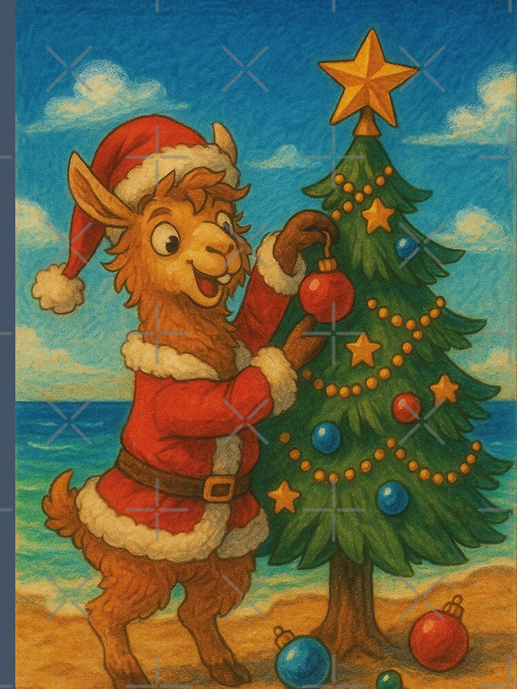 Llama dressed as Santa Claus decorates Christmas tree by Mauswohn