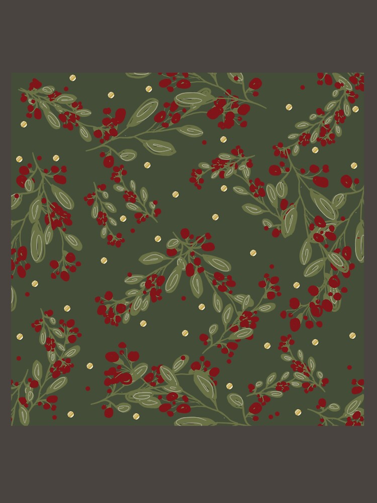 Copy of Holly Jolly Greens ;  Red Fruits & Yuletide Leaves on Olive Green by PrintsByAnnJ