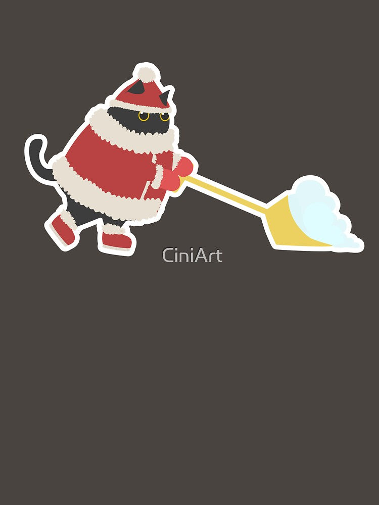 Cute chubby black santa cat plowing snow on Christmas by CiniArt