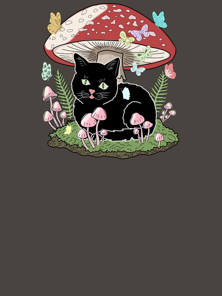 Goblincore Black Cat under Amanita Mushroom with Pastel Butterflies Cottagecore Aesthetic by LeshanArt