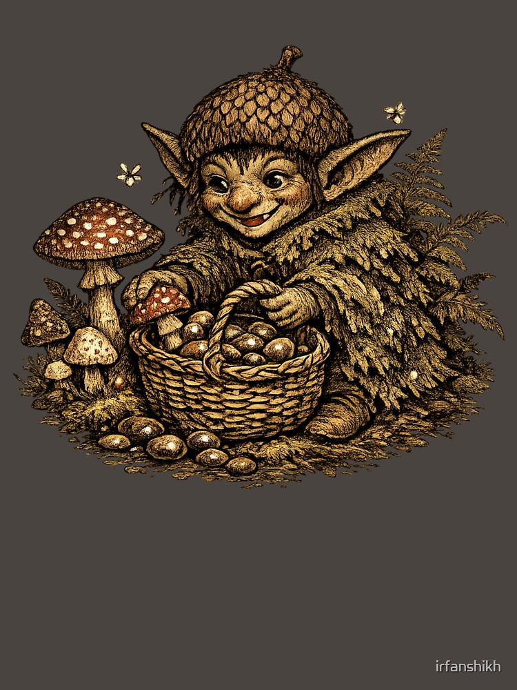 Goblincore Mushroom Collector – Whimsical Forest Goblin Storybook Art | Cottagecore Dark Nature Gift by irfanshikh