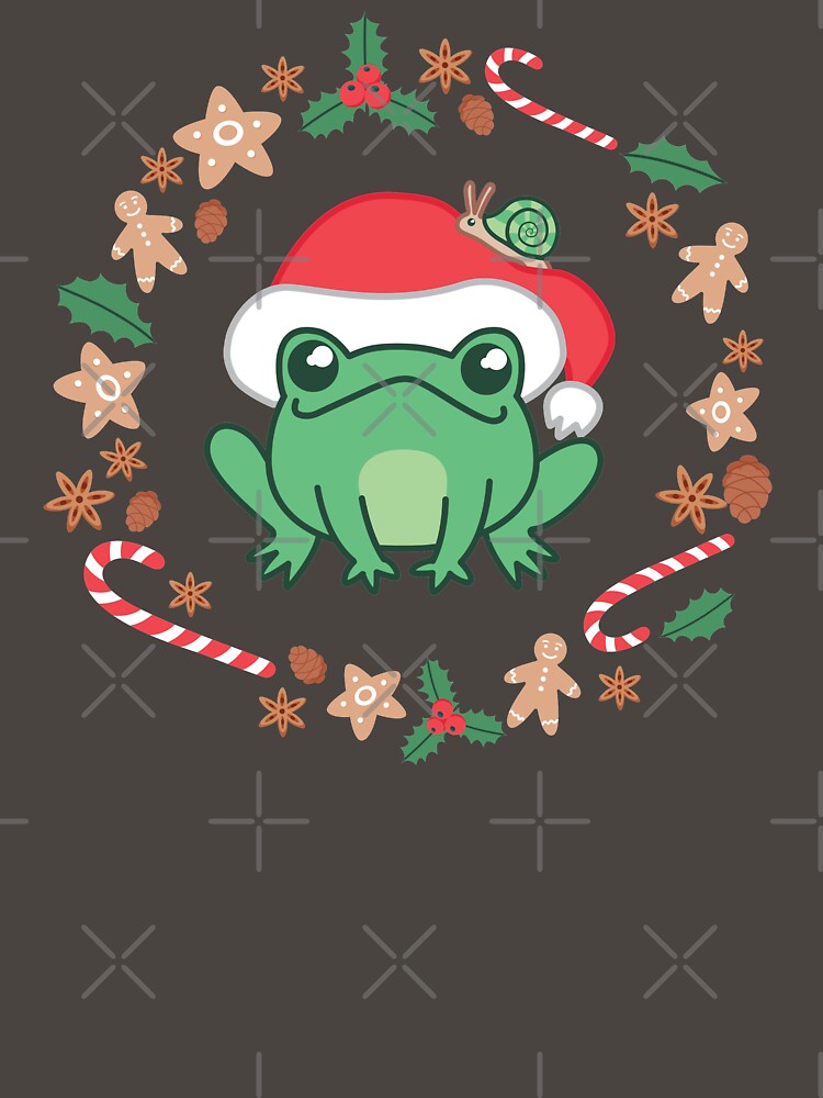 Cute Cottagecore Frog In Red Christmas Hat - Goblincore Kawaii Froggy with Snail - Christmas Edition by ShyOwlet
