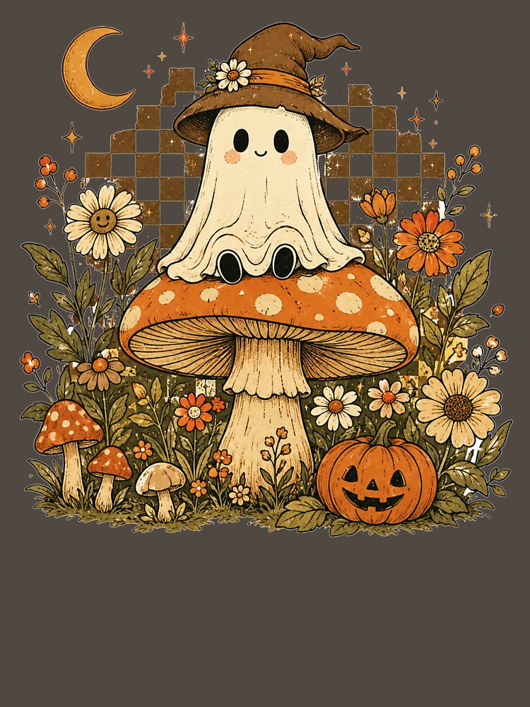 Mushroom Ghost Goblincore Retro Forest Cottagecore Fall Halloween Art by Yellowriversss