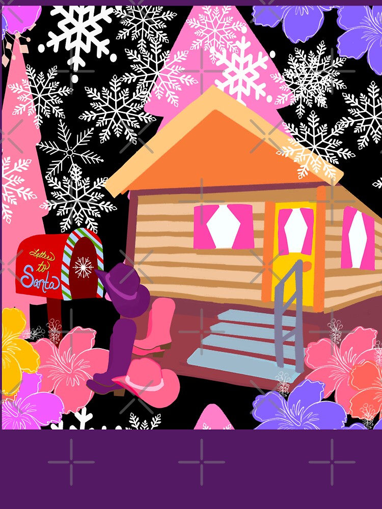 Hand Drawn Christmas Cabin with Tropical Flowers + Cowgirl hats, Cowgirl boots, Trees by Victoria Rose