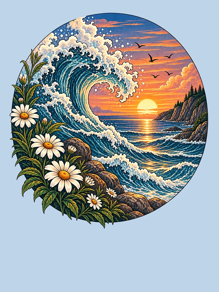 Ocean Sunset Wave Wildflower Nature Landscape Vintage Coastal Art by Everleaf Studio